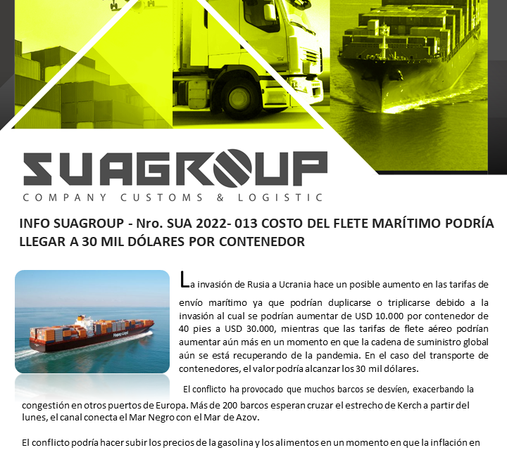 INFO SUAGROUP – Nro. SUA 2022- 013 COSTO DEL FLETE MARÍTIMO PODRÍA LLEGAR A 30 MIL DÓLARES POR CONTENEDOR