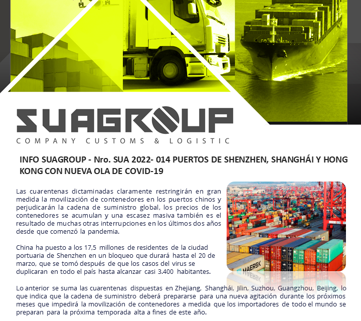 INFO SUAGROUP – Nro. SUA 2022- 014 PUERTOS DE SHENZHEN, SHANGHÁI Y HONG KONG CON NUEVA OLA DE COVID-19