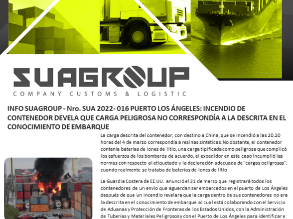 INFO SUAGROUP – Nro. SUA 2022- 016 PUERTO LOS ÁNGELES: INCENDIO DE CONTENEDOR DEVELA QUE CARGA PELIGROSA NO CORRESPONDÍA A LA DESCRITA EN EL CONOCIMIENTO DE EMBARQUE