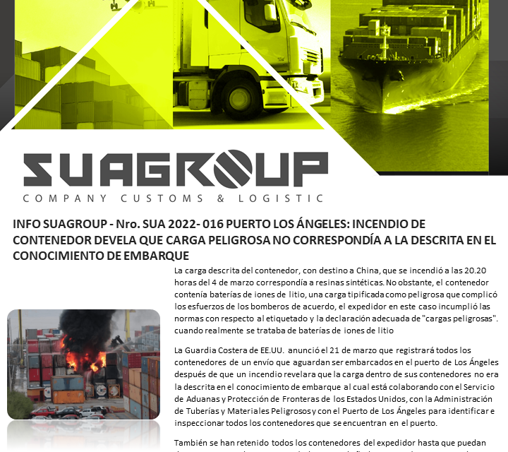 INFO SUAGROUP – Nro. SUA 2022- 016 PUERTO LOS ÁNGELES: INCENDIO DE CONTENEDOR DEVELA QUE CARGA PELIGROSA NO CORRESPONDÍA A LA DESCRITA EN EL CONOCIMIENTO DE EMBARQUE