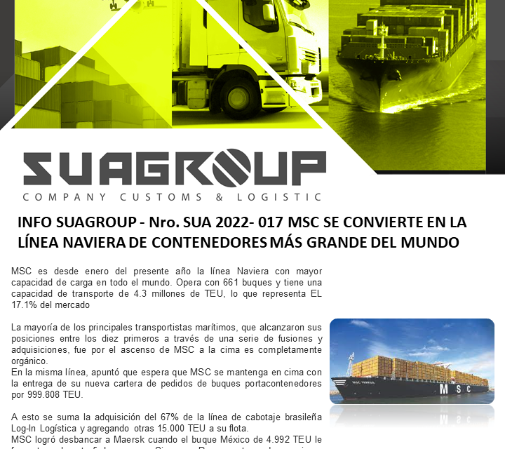 INFO SUAGROUP – Nro. SUA 2022- 017 MSC SE CONVIERTE EN LA LÍNEA NAVIERA DE CONTENEDORES MÁS GRANDE DEL MUNDO