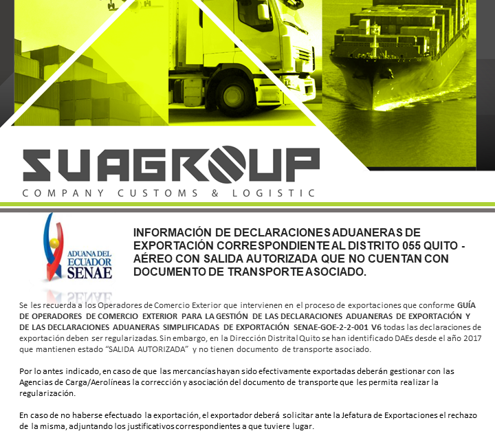INFORMACIÓN DE DECLARACIONES ADUANERAS DE EXPORTACIÓN CORRESPONDIENTE AL DISTRITO 055 QUITO – AÉREO CON SALIDA AUTORIZADA QUE NO CUENTAN CON DOCUMENTO DE TRANSPORTE ASOCIADO.