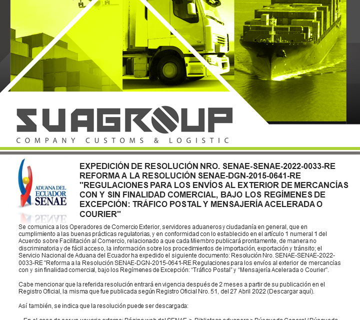 EXPEDICIÓN DE RESOLUCIÓN NRO. SENAE-SENAE-2022-0033-RE REFORMA A LA RESOLUCIÓN SENAE-DGN-2015-0641-RE