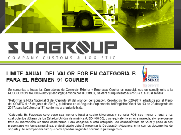 LÍMITE ANUAL DEL VALOR FOB EN CATEGORÍA B PARA EL RÉGIMEN 91 COURIER
