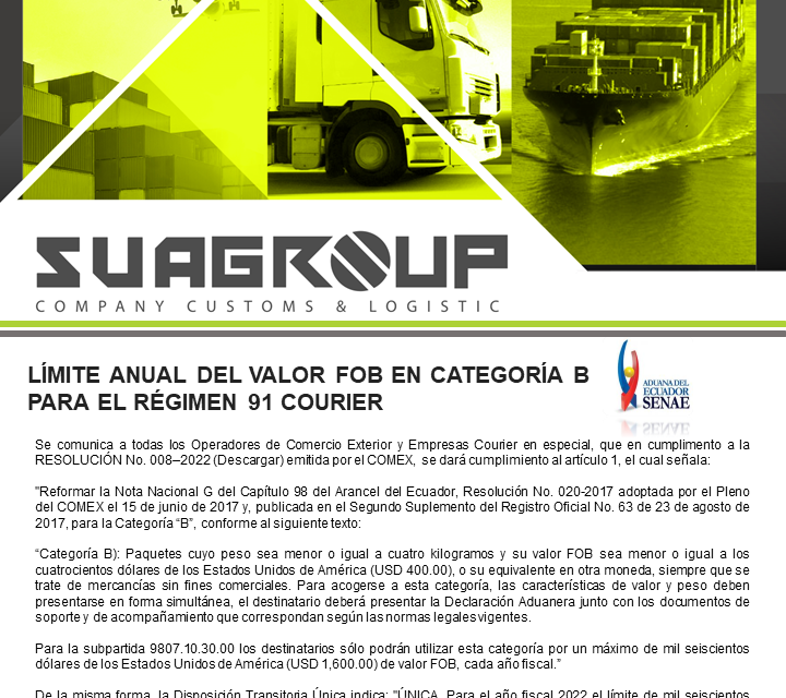 LÍMITE ANUAL DEL VALOR FOB EN CATEGORÍA B PARA EL RÉGIMEN 91 COURIER